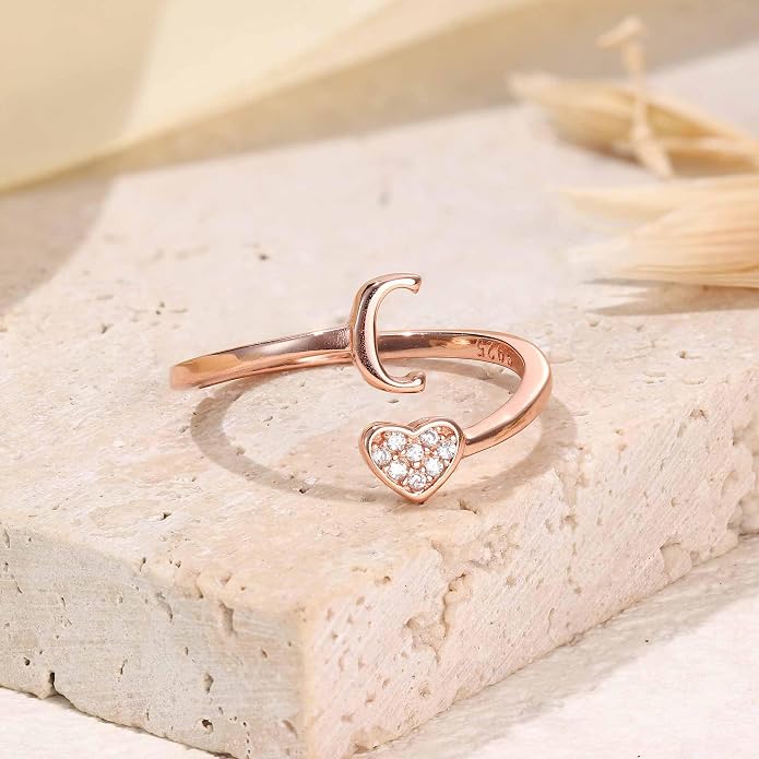MILACOLATO 925 Sterling Silver Initial Rings for Women Teen Girl 18K Gold Plated Heart Initial Rings Adjustable Capital Letter Ring Stackable Thumb Pinky Rings for Daughter Birthday Bridesmaid Gifts Jewelry, A to Z
