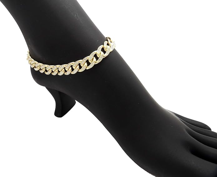 Fashion 21 Women's Stone Filled 10mm, 12mm Various Length Box Lock Cuban Chain Anklet