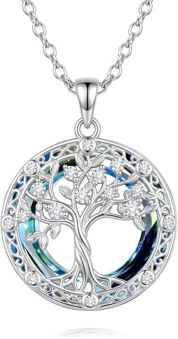 Tree of Life Birthstone Necklace 925 Sterling Silver Crystal Tree of Life Pendant Birthstone Jewelry Birthday Christmas Gifts for Women Mom Her Wife