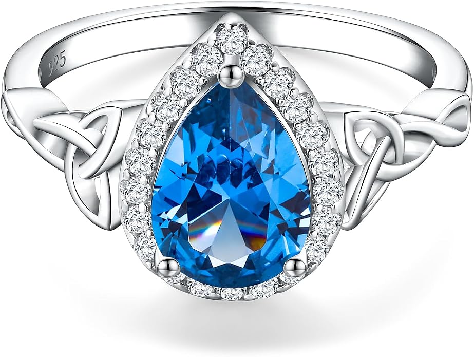 DAYBYDAY Celtic Birthstone Rings for Women 925 Sterling Silver Heart/Round/Pear/Oval Created Gemstone Moissanite Halo Engagement Promise Rings for Her Wife Birthday Anniversary Wedding Jewelry