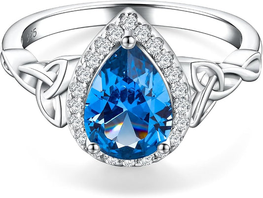 DAYBYDAY Celtic Birthstone Rings for Women 925 Sterling Silver Heart/Round/Pear/Oval Created Gemstone Moissanite Halo Engagement Promise Rings for Her Wife Birthday Anniversary Wedding Jewelry