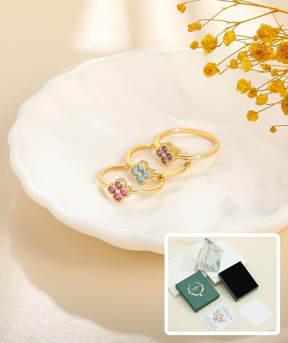 KAERUN Clover Birthstone Gold Rings for Women Non Tarnish 14K Gold Plated Stackable Thumb Ring Dainty Clover CZ Gemstone Emerald Engagement Rings Wedding Band Jewelry for Birthday Gifts Size 6-10