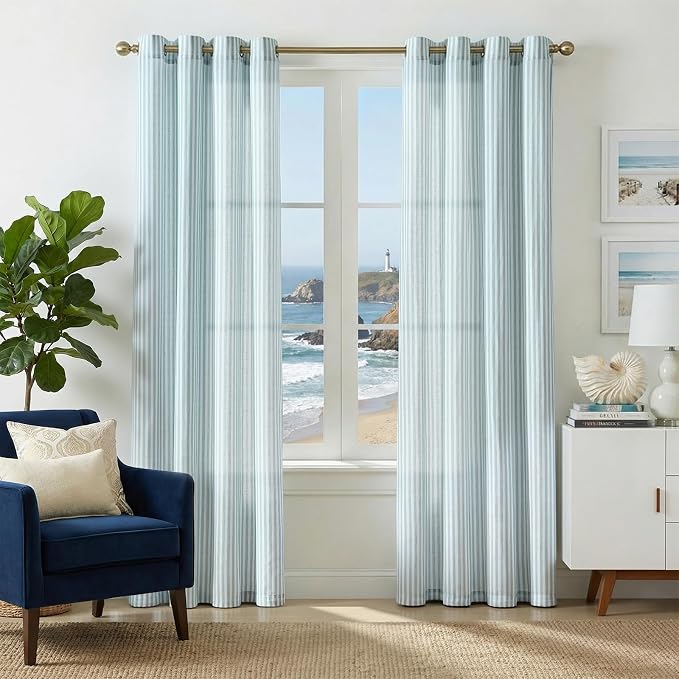 jinchan Linen Curtains 84 inch Aqua Blue Stripe on White Grommet 2 Panels | Curtains for Living Room Bedroom,Ticking Vertical Stripe ,Modern Beachy Coastal Drapes,Window Treatment,Light Filtering