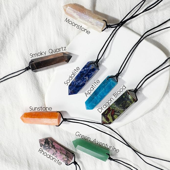 Runyangshi Healing Crystal Pendants, Single Pointed Natural Crystal Quartz Necklace 6 Faceted Chakra Crystal Wand Stone Reiki Energy