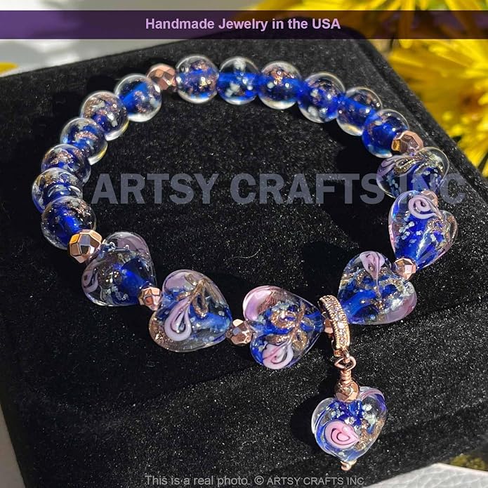ARTSY Crafts Glow in the Dark Heart Shaped Glass Bead Bracelets & Necklaces, Handmade in USA