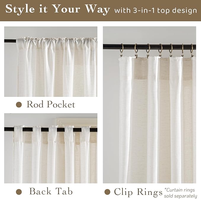 RYB HOME Linen Sheer Curtains Extra Long Window Drapes Light & Airy Translucent Panels for Bedroom Living Room, Office, Nursery, Rod Pocket Back Tab, Ivory, W 52 x L 102 inch, Set of 2