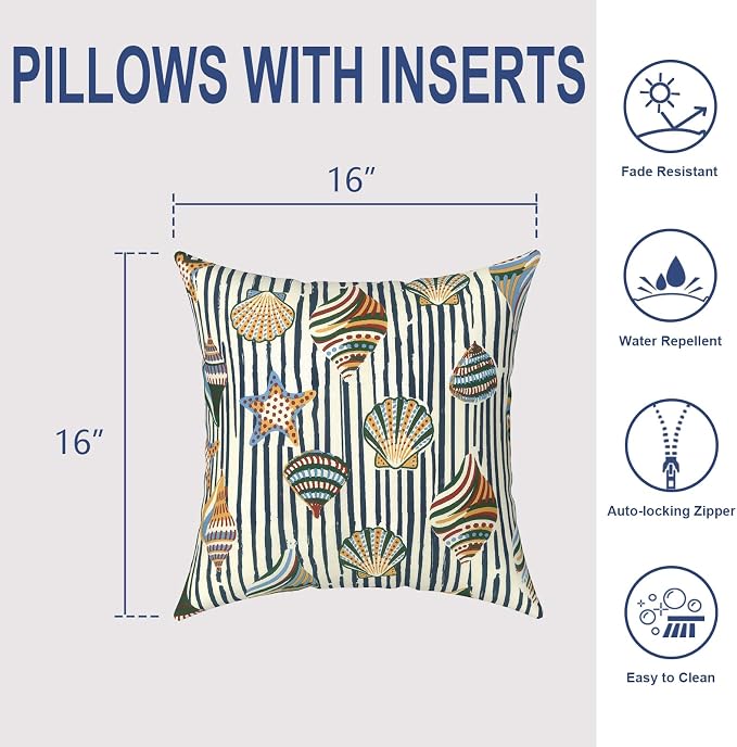 Outdoor Throw Pillows 16x16 Inch, Water Repellent Patio Pillows with Inners Set of 2 for Patio Furniture Home Graden, Crayon Shells