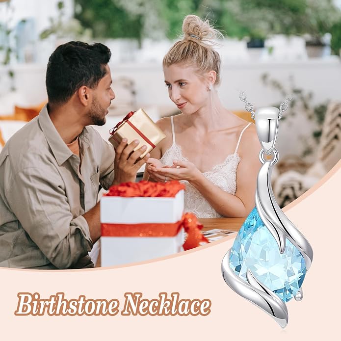 HPQQ Birthstone Necklace for Women 925 Sterling Silver Teardrop Pendant Fine Jewelry Birthday Mothers Day Gifts for Women Mom Her