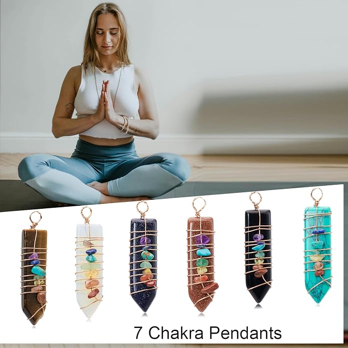6 Pieces Natural Raw Crystal Point Pendant Reiki 7 Chakra Healing Quartz Gemstone Chips Rose Gold Copper Wires Wrapped Charms for Jewelry Making Necklace