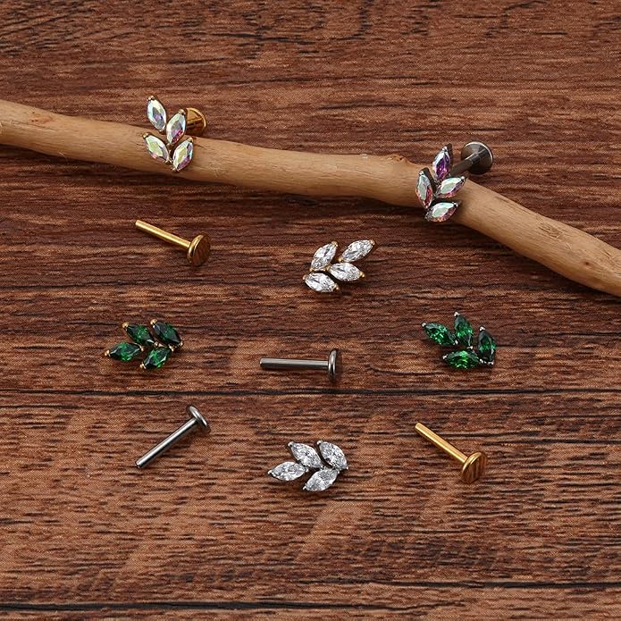 FINE4U 1PC Leaf Flat Back Stud Flat, Helix, Conch, Tragus 6mm 8mm - ASTM F136 Titanium Screw on Body Piercing Jewelry