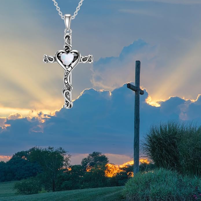 TOUPOP Cross Birthstone Necklace for Women 925 Sterling Silver Heart Cross Pendant I Love You Jewelry Anniversary Birthday Mothers Day Gifts for Mom Wife Her