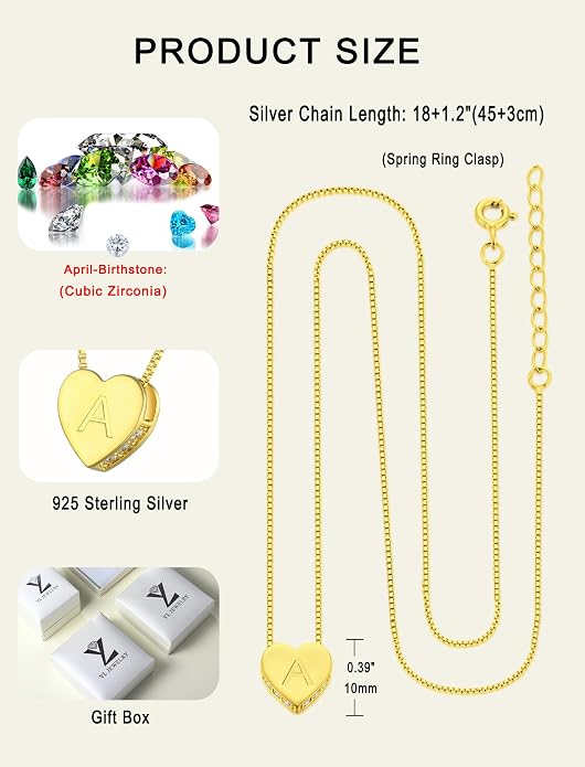 YL Initial Necklace 925 Sterling Silver Heart Letter Pendant A-Z Alphabet Cubic Zirconia Jewelry for Women