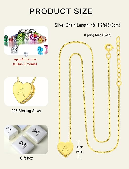 YL Initial Necklace 925 Sterling Silver Heart Letter Pendant A-Z Alphabet Cubic Zirconia Jewelry for Women