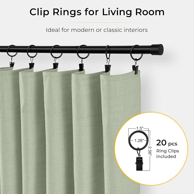 INOVADAY 100% Blackout Curtains for Bedroom, Sage Black Out Curtains 102 Inch Long, Clip Rings Linen Blackout Drapes, Thermal Insulated Room Darkening for Living Room, 2 Panels - W50xL102