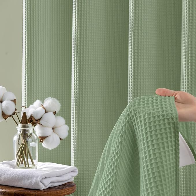 River Dream Cotton Blend Fabric Shower Curtain Set with Liner, Sage, 71x74 | Waffle Weave, No Hook Needed, with Snap in Replacement Liner, Top Sheer Window, Hotel Quality Fabric for Bathroom