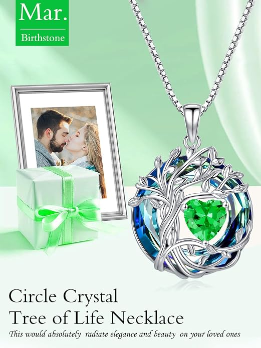 TOUPOP Tree of Life Birthstone Necklace Sterling Silver Pendant Birthstone Necklaces with Blue Crystal Anniversary Birthday Jewelry for Women Mom Wife Her