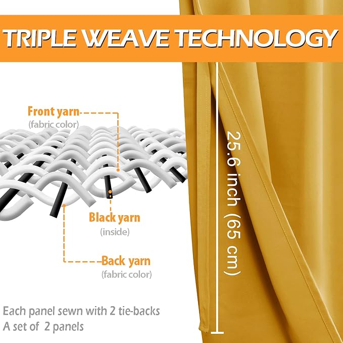 Hiasan Blackout Curtains for Bedroom, 52 x 54 Inches Long - Thermal Insulated & Light Blocking Window Curtains for Living Room, 2 Drape Panels Sewn with Tiebacks, Mustard Yellow