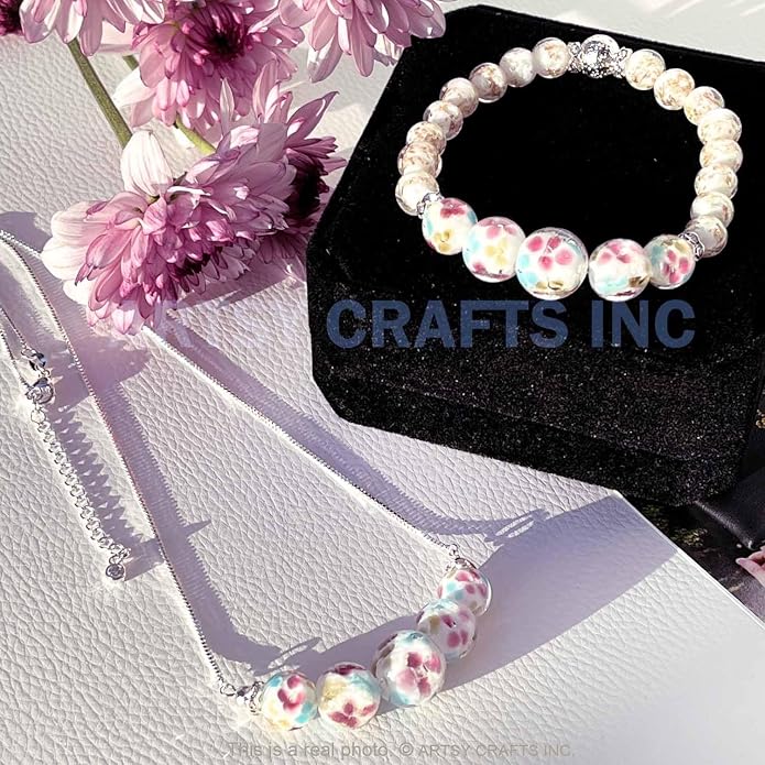 ARTSY Crafts Lily Garden Glow in the Dark Firefly Bead Bracelets Necklaces, Handmade in USA Murano Glass Jewelry, Flower Luminous Beads Mermaid Crystal Bracelet Bangle