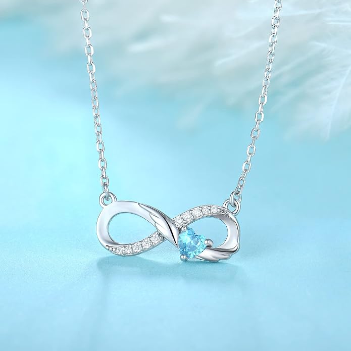STARCHENIE Infinity Necklace 925 Sterling Silver Angel Wings Heart Birthstone Necklace for Women