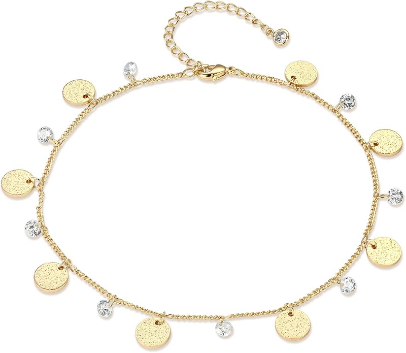 LOYATA Dainty Ankle Bracelet,14K Gold Plated Tiny Bead Anklet Dainty White Cubic Zirconia Cross Tassel Foot Chain Cute Lucky Moon Evil Eye Foot Jewelry Boho Anklets for Women