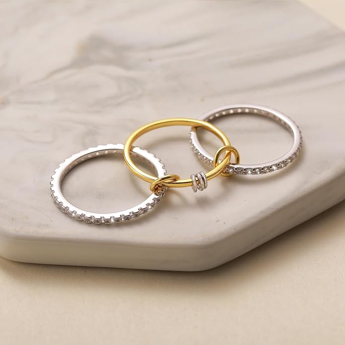 925 Sterling Silver Interlocked Spinelli Ring Stackable Rings for Women Men Non Tarnish Dainty 14K Gold Plated Chunky Rings Two Tone Cubic Zirconia Ring 3 Finger Ring Knuckle Pinky Ring Set Jewelry Gift