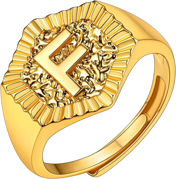 KeyStyle Bold Initial Letter Rings Adjustable, GoldChic Jewelry Women Gold Statement Ring Personalized Engraved Women’s Open Signet Ring for Party (Gold, White Gold, Black)