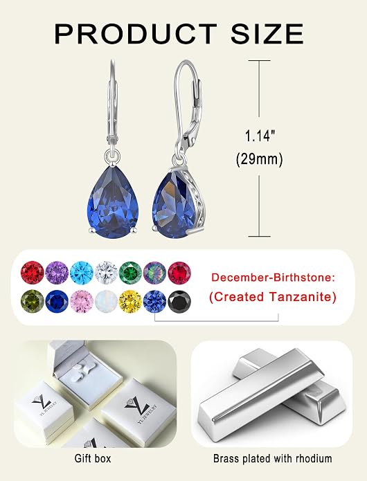YL Solitaire Dangle Drop Earrings Teardrop Leverback Earrings Brass 8X12 MM Birthstone Jewelry for Women