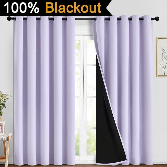 Yakamok Lilac 100% Blackout Curtains 84 Inches Long for Bedroom 70" Wide | Blackout Curtain Panels for Bedroom, 2 Thick Layers Grommet Top Thermal Insulated Drapes with Black Liner for Living Room