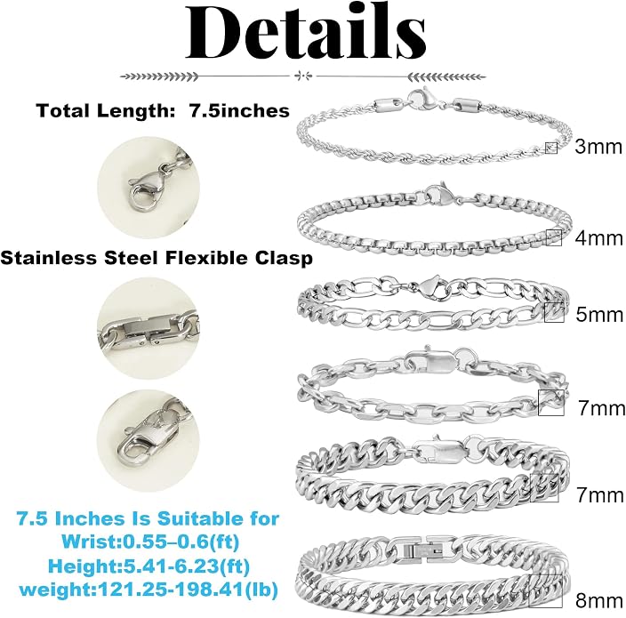 XIANNVXI 6pcs Bracelets for Men Gifts for Him Stainless Steel Bracelet Silver/Gold/Black Cuban Link Rope Paperclip Chain Bracelets Set 6.5/7/7.5/8.3/9 Inches Metal Bracelet Mens Fashion Accessories Jewelry Gifts Set