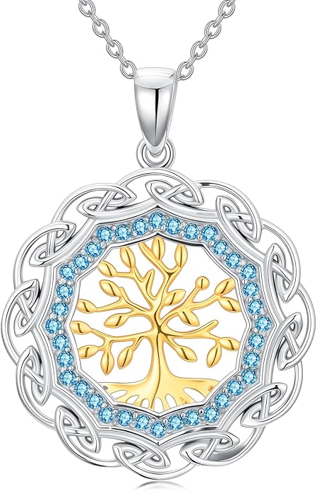 Sterling Silver Birthstone Celtic Tree of Life Necklace, 18K Gold Plated Colored Gemstone Tree of Life Pendant Two-Tone Necklaces Jewelry Birthday Gifts for Women 18" - 20"