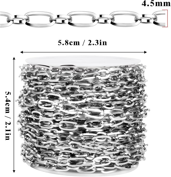 33FT Stainless Steel Paperclip Jewelry Chain Roll, 4.5MM Long and Short Link Chains Spool Bulk for DIY Jewelry Making Necklace Bracelet
