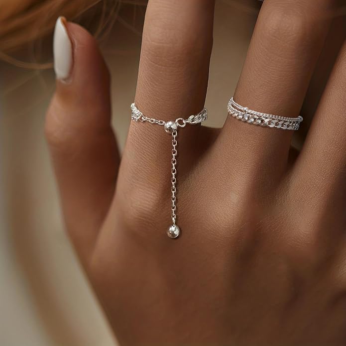 925 Sterling Silver Link Chain Fidget Rings with Dangle Bead Star for Women 14k Gold Plated Adjustable Sparkling Twist Rope Ring Stackable Line Finger Ring Jewelry Christmas Gifts for Mom
