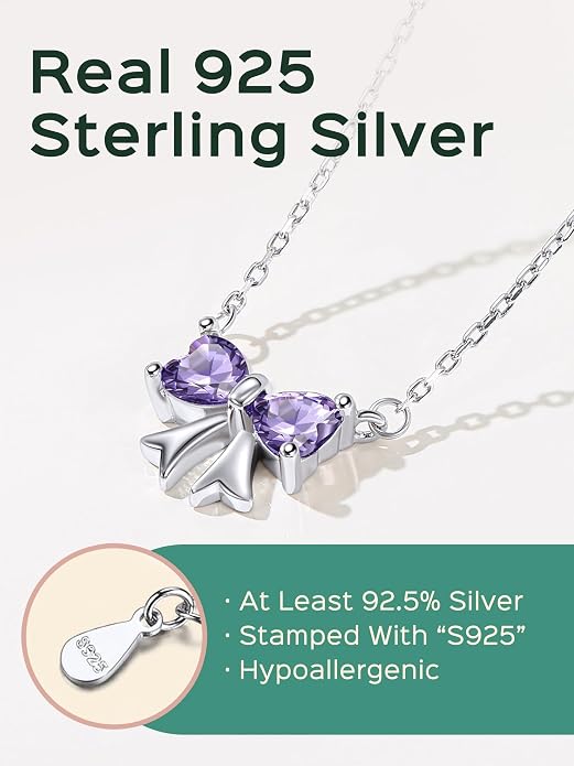 ChicSilver Bow and Cat Birthstone Necklace, 925 Sterling Silver Pendant Necklaces for Women, Hypoallergenic Silver Choker with 16 inch Rolo Chain, 12 Months Jewelry for Valentines Mothers Day Christmas