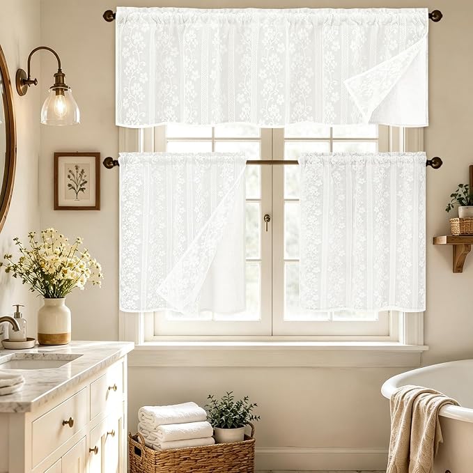 ASPMIZ Linen Kitchen Curtains Double Layer Kitchen Window Curtains Over Sink 24 Inch Length White Tier Curtain Light Filtering, Rod Pocket Cafe Curtain Short Window Treatments with 2 Tiebacks, 26x24