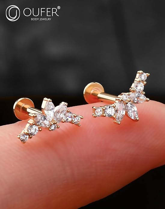 OUFER Helix Piercing Jewelry, 14K Solid Gold Cartilage Earrings, Clear CZ Lip Rings, Flat Back Helix Earrings, Internally Threaded Tragus Conch Lobe Piercing Jewelry, Labret Jewelry