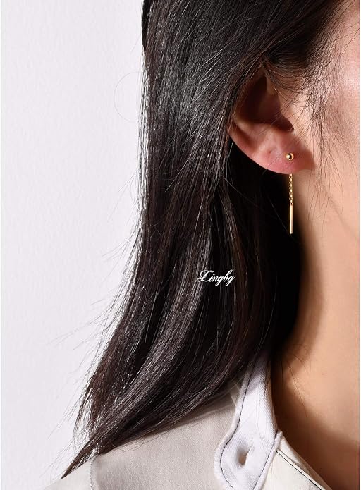 3 Pairs Threader Earrings 925 Sterling Silver Long Chain Earrings Bar/Ball Wrap Threader Drop Earrings for Women Lightweight Minimalist Mother's Day Jewelry Set