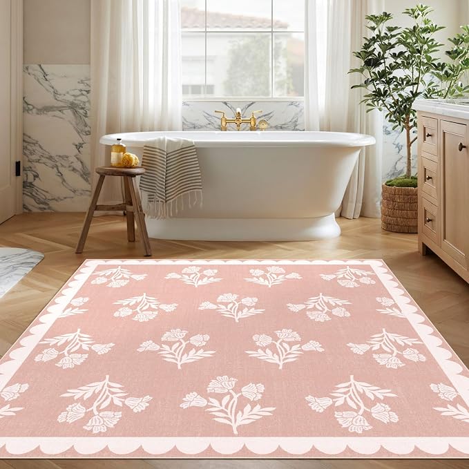 Pink Square Rugs 5ft - Soft Washable Boho Floral Girls Bedroom Rug 5x5 Stain Resistant Scalloped Dining Room Rugs for Under Table Cute Square Area Rug for Living Room Nursery Kids Room Carpet
