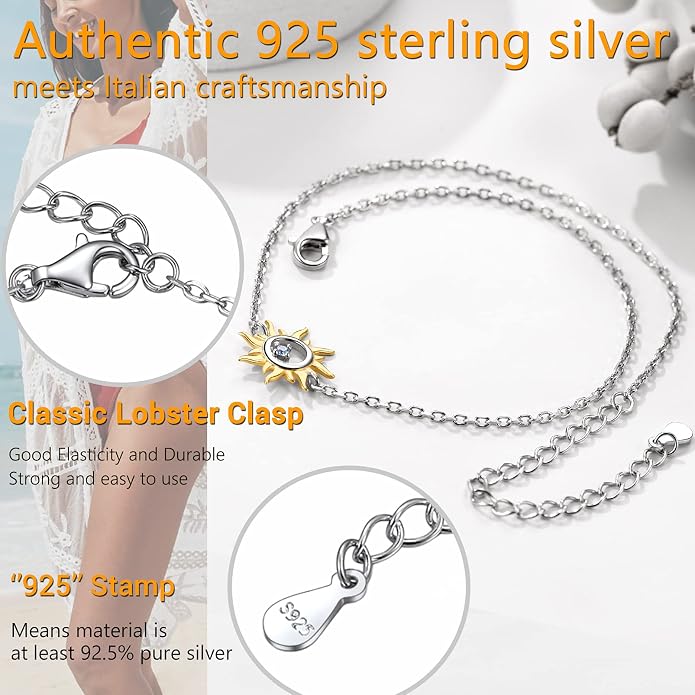 PROSILVER 925 Sterling Silver Ankle Bracelets For Women, Stylish Chain Anklets, Summer Beach Jewelry, 8.6-10.6 Inch Adjustable, Come with Box