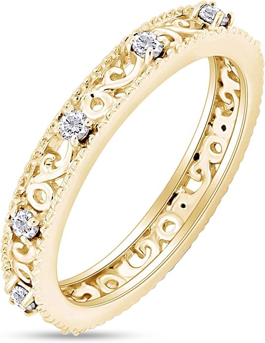 Jewel Zone US Filigree Eternity Wedding Band Ring for Women, Round Cut Simulated Gemstone Stackable Promise Ring in 14K Gold Plated 925 Sterling Silver Band Width 3.5mm – Elegant Jewelry for Her
