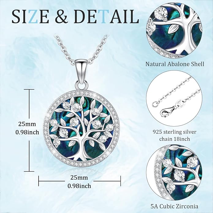 Aniu Tree of Life Necklace for Women, 925 Sterling Silver Mother of Pearl Family Palm Tree Charm Pendant Jewelry for Birthday Christmas Gift