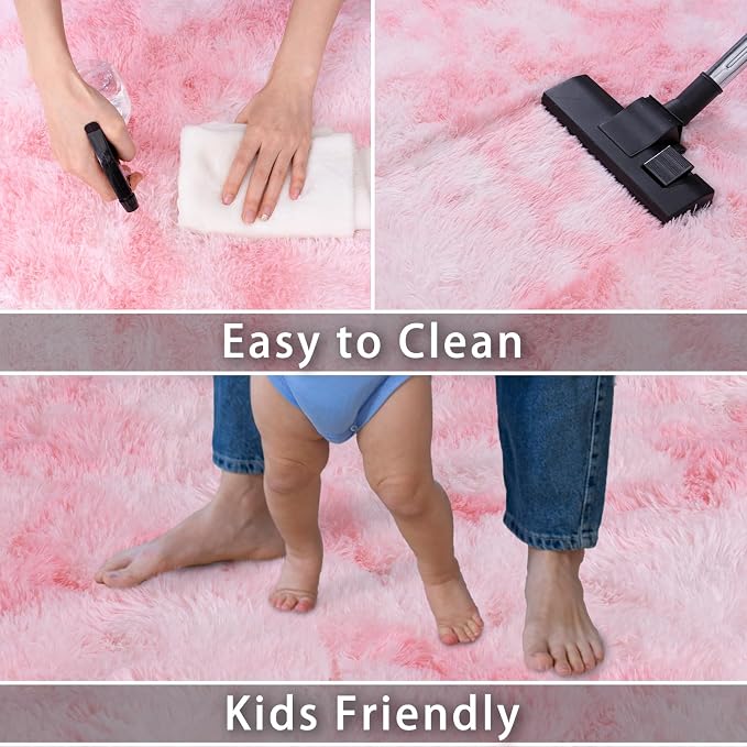 Dssimo Pink and White Rug for Living Room Bedroom,9x12 Soft Shaggy Area Rug | Upgrade Non-Slip Large Pink Fuzzy Rug for Girls Nursery Kids Room Dorm Room Home Decor, Indoor Plush Floor Carpet