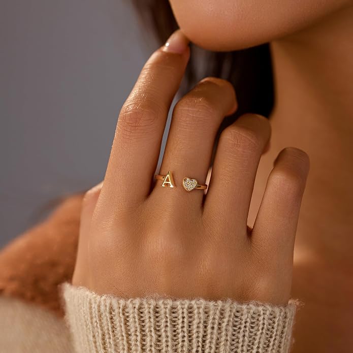 LOVECOM Initial Heart Rings for Women 925 Sterling Silver Gold Adjustable Letter Name Ring Non Tarnish Trendy Stuff Alphabet Letter CZ Stackable Ring Jewelry Gifts for Mom Daughter Sister