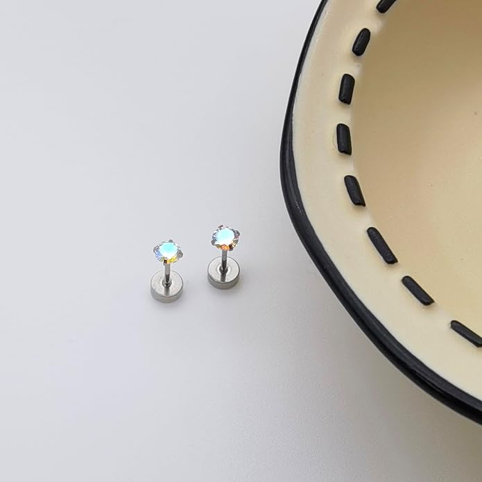 Titanium Earrings for Women Stud Earrings Cubic Zirconia Dainty Screw Flat Back Hypoallergenic Earrings for Women for Multiple Cartilage Helix Conch Tragus Piercing Jewelry for Sensitive Ears