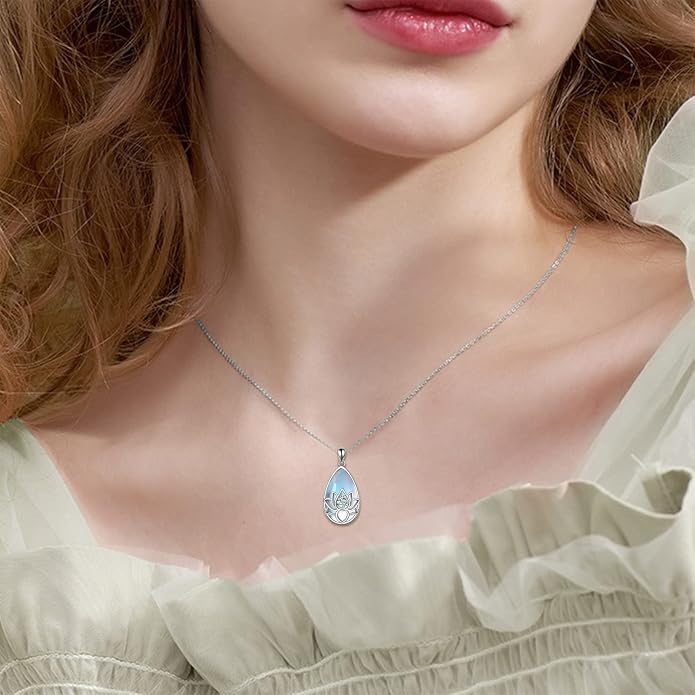 ONEFINITY Lotus Necklace 925 Sterling Silver Moonstone Pendant Necklace Yoga Lotus Jewelry for Women