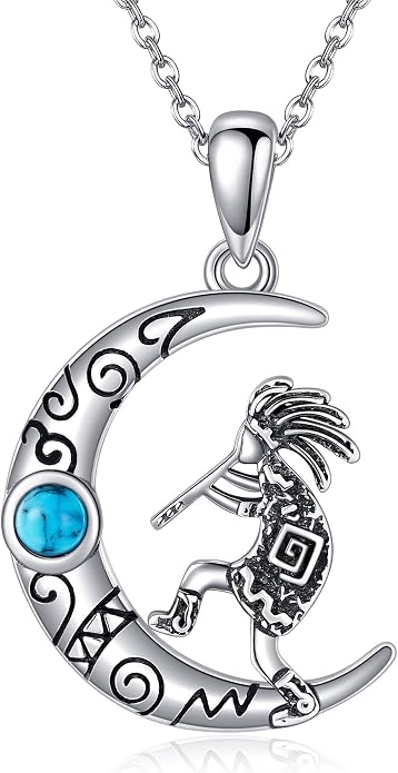 Turquoise Western Necklace Sterling Silver Moon Kokopelli/Cow Skull/Zia Sun/Mountains Pendant Necklace Turquoise Jewelry for Women Hikers Campers