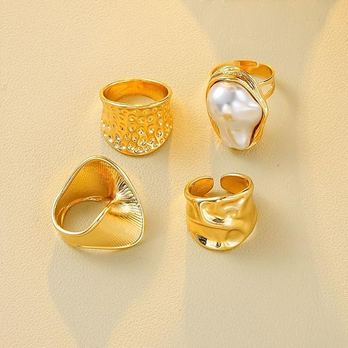 Chunky Gold Irregular Rings Stack Set for Women Statement Baroque Pearl Flower Stackable Knuckle Finger Ring Non Tarnish Boho Hammered Jewelry Gifts
