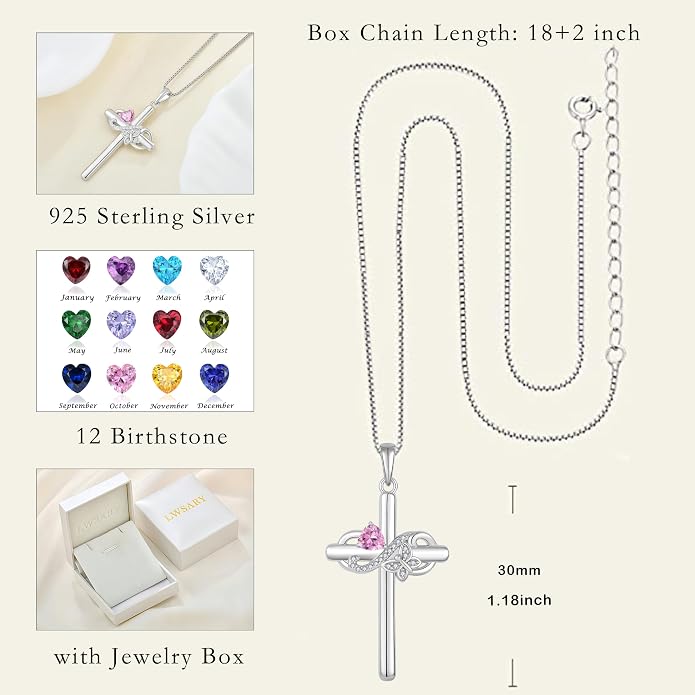 Infinity Butterfly Cross Necklace for Women 925 Sterling Silver Christian Religious Crucifix Pendant Birthstone Jewelry Gifts for Her