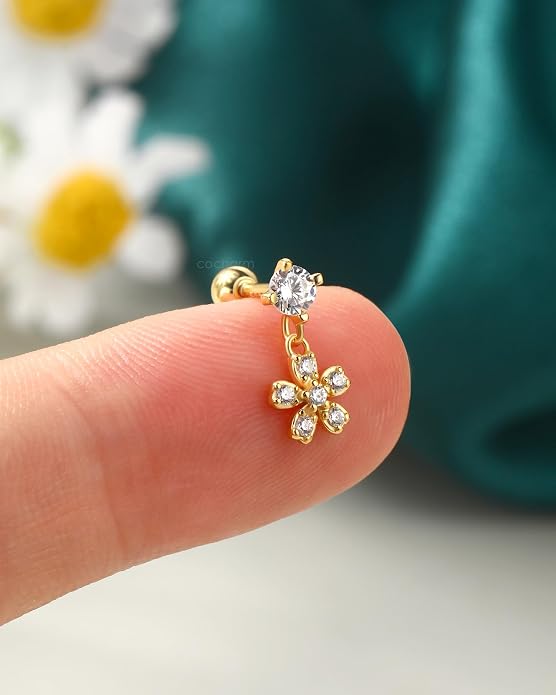 COCHARM 14K Gold Plated Cartilage Earrings Stud 16G Dangle Star 925 Sterling Silver Helix Tragus Earrings Surgical Steel Flat Back Earrings Dangly
