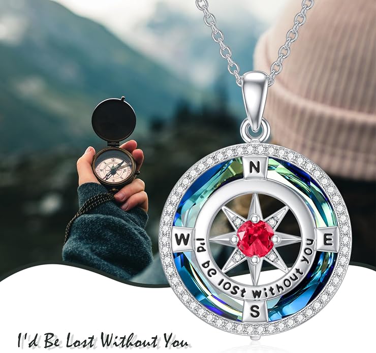 TOUPOP Necklace Gifts for Wife Compass Jewelry Women Anniversary Girlfriend Birthday Gift for Her Valentines I'd be Lost without You Sterling Silver Birthstone Necklaces
