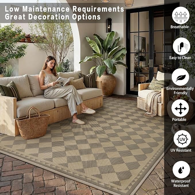 HUGEAR 6x9 Outdoor Rug Waterproof Checkered Patio Rug Home Decor Reversible Plastic Straw Black and Brown Rugs Outside Indoor Floor Mat for Camping Balcony RV Deck Porch Balcony Backyard